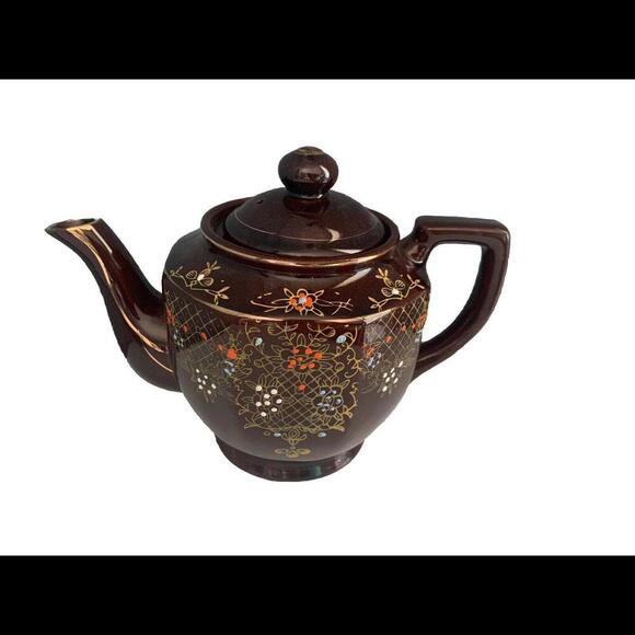 Vintage Brown Betty Redware Hand Painted Teapot Made in Japan Gold Red White - Picture 1 of 12